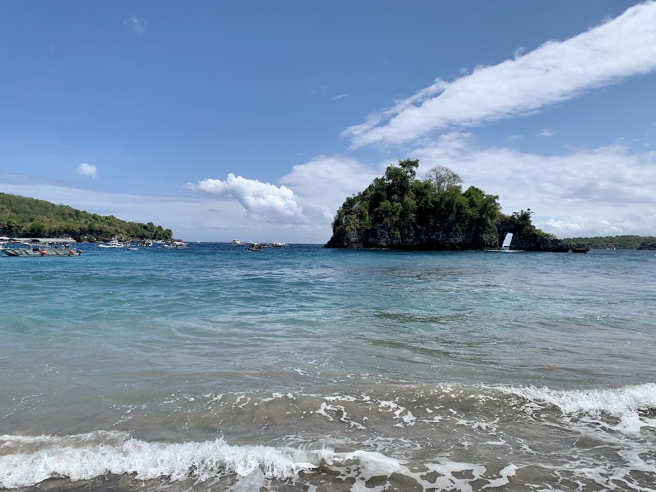 Palm fringed shore and clear water at Crystal Bay on Nusa Penida