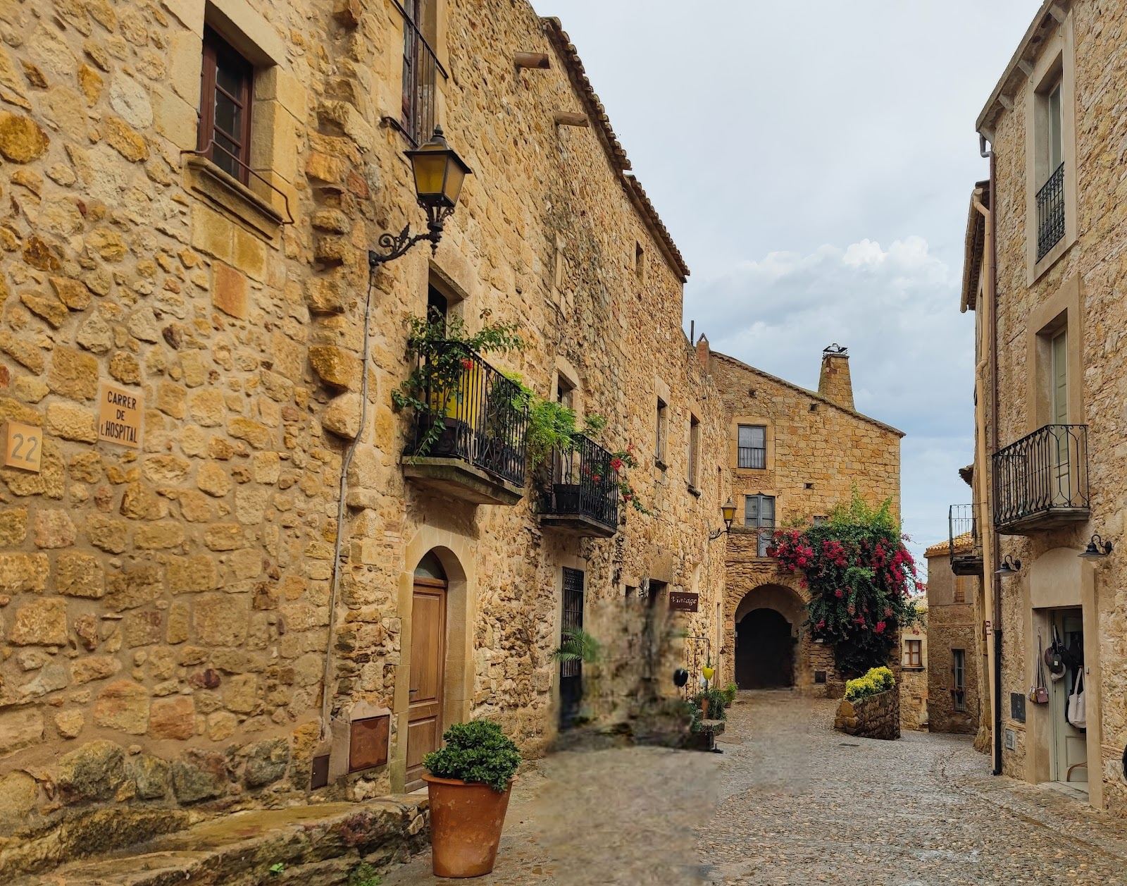 Cobbled lanes and stone houses of the medieval village of Pals in Girona
