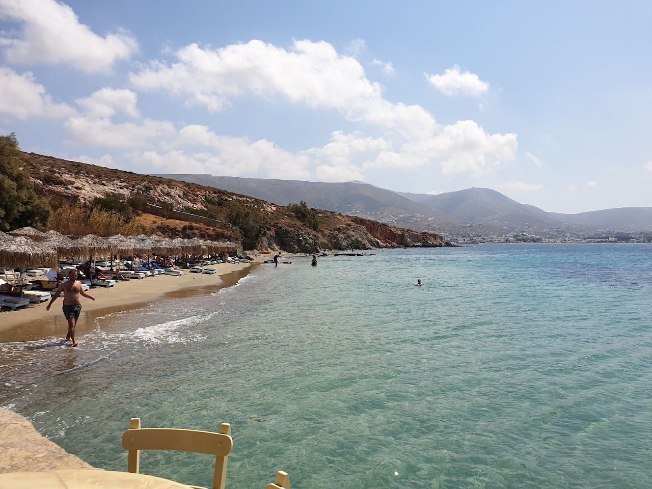 Evening light over the sheltered bay at Krios Beach across the water from Parikia on Paros