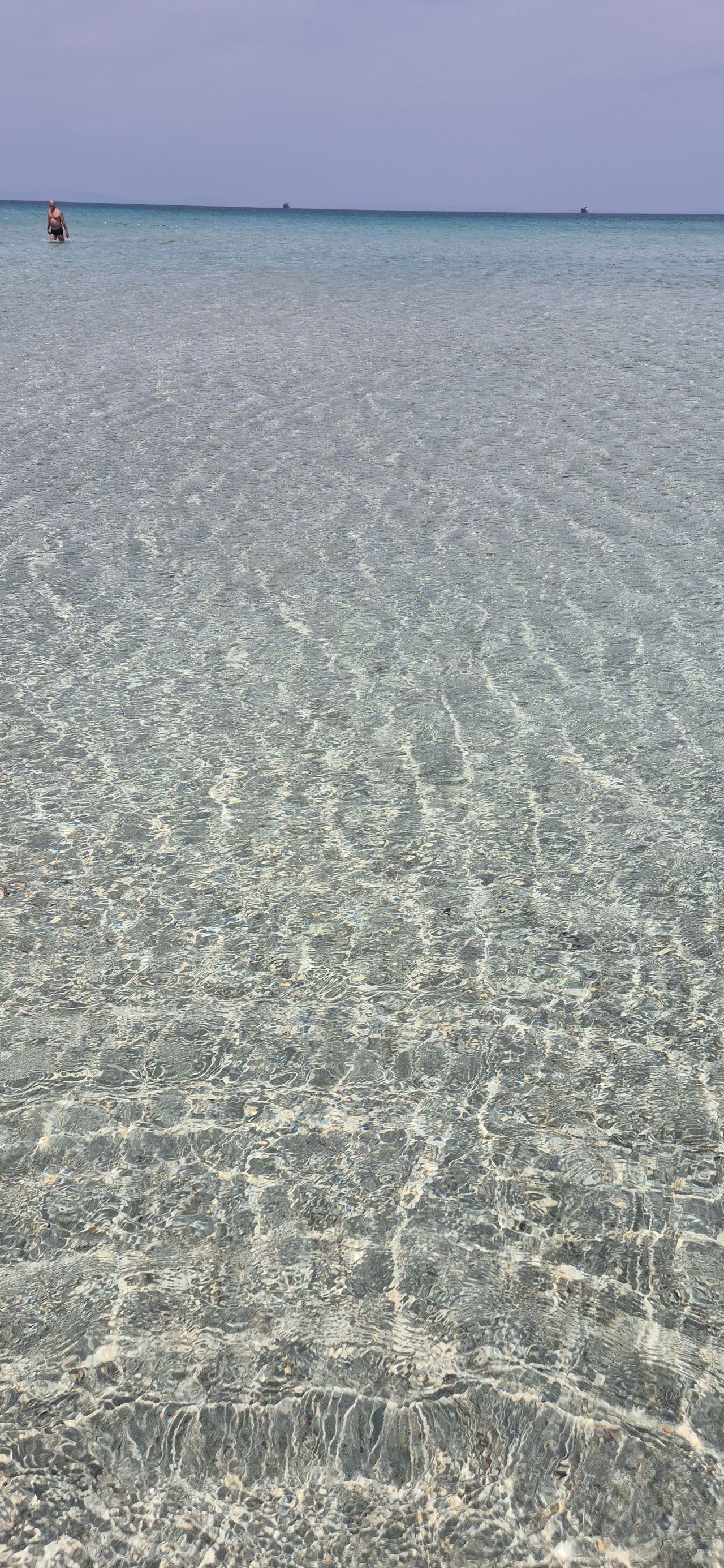 Kite canopies over the open sand and shallow water of Pirlanta Beach at the western tip of Cesme