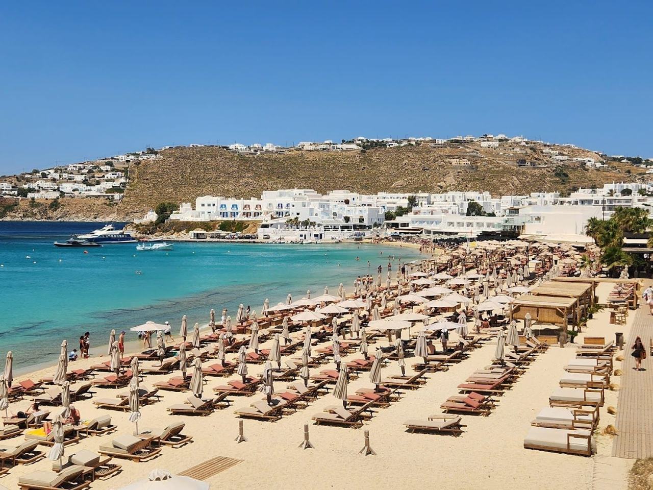 Long sweep of organised sand and hotels at Platis Gialos Beach in Mykonos