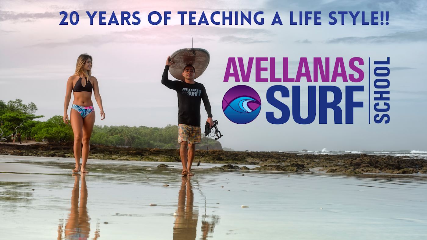 Long sandy surf beach and palm trees at Playa Avellanas in Guanacaste Costa Rica