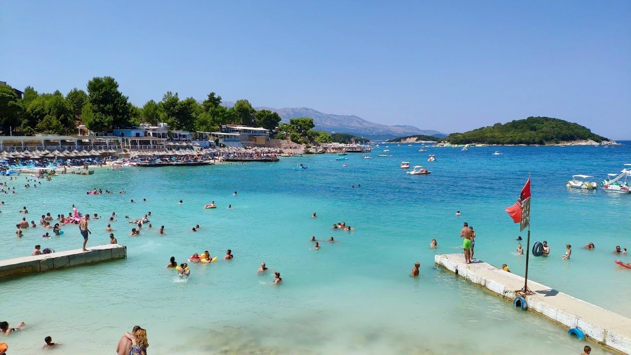 The clear turquoise bays and low islets of Ksamil near Saranda on the Albanian Riviera