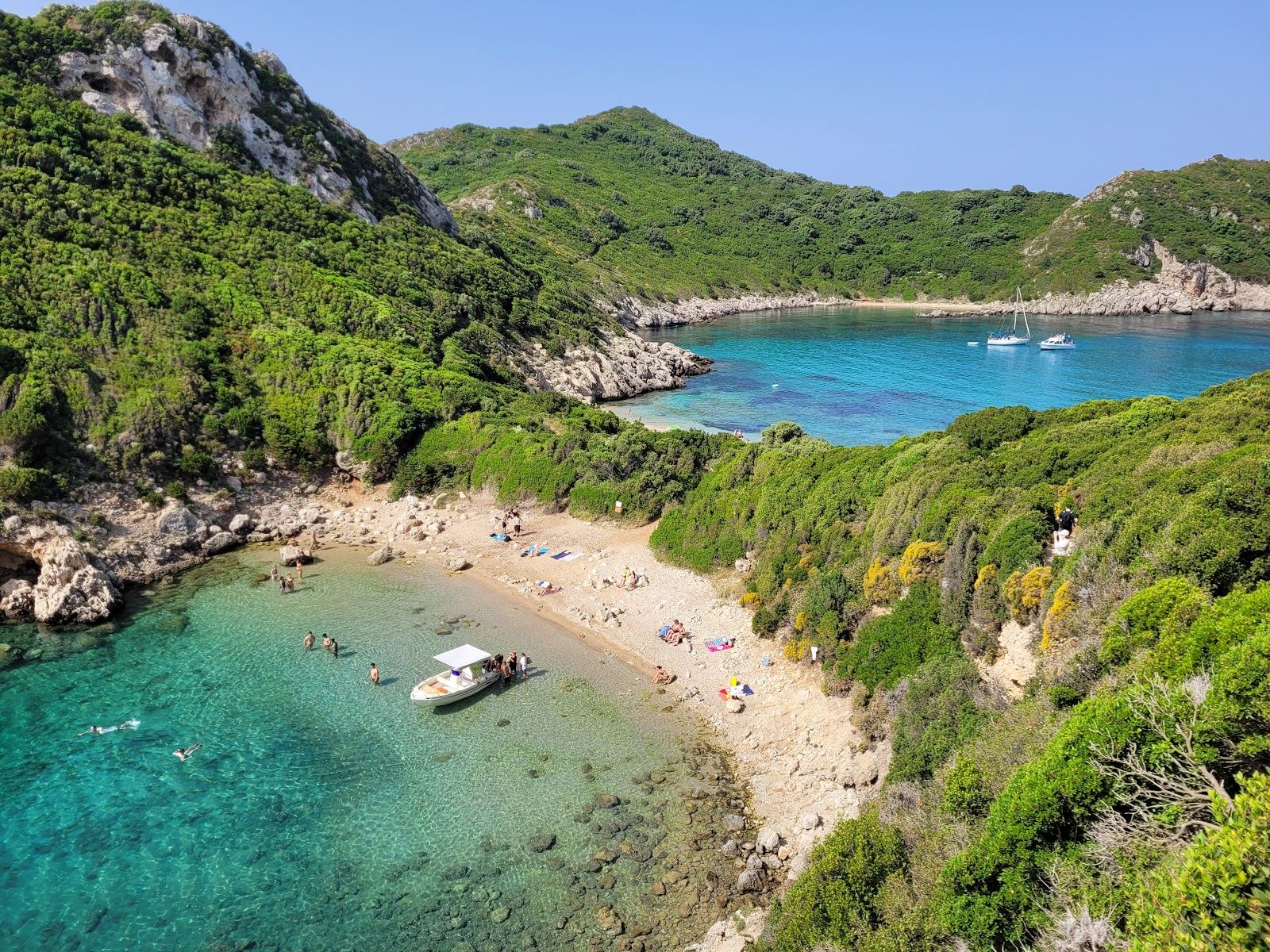 The double bay at Porto Timoni below Afionas on the northwest coast of Corfu