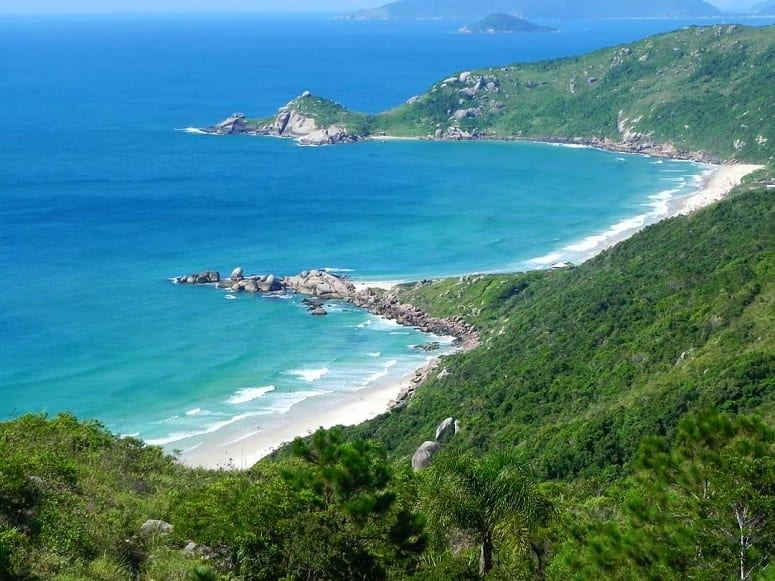 Wild green hills framing the pale sand and clear surf of Praia da Galheta in Florianopolis Brazil