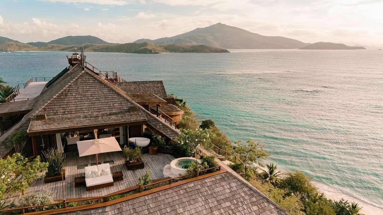 White beach and great house on Necker Island in the British Virgin Islands