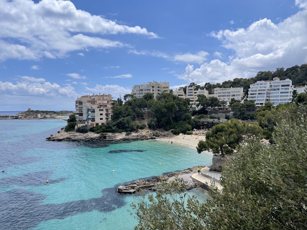 Clear turquoise water and pale sand at one of the small Illetas coves below the club