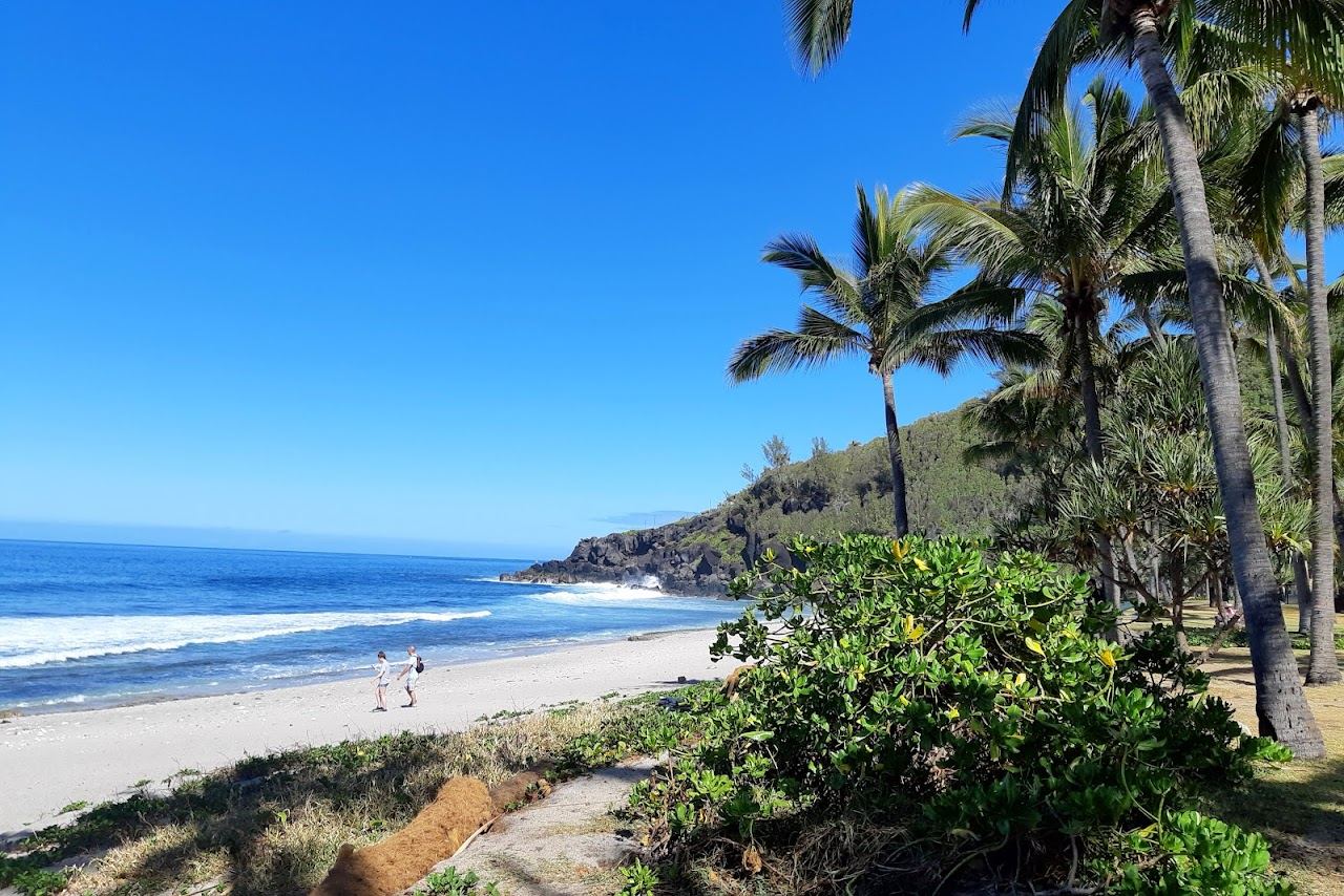 Quiet golden sand cove backed by leaning palms and dark cliffs at Grande Anse in southern Reunion