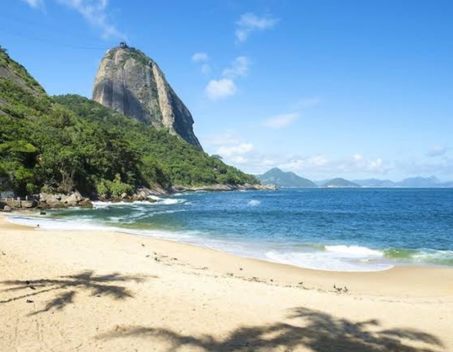 The sheltered cove of Praia Vermelha beneath the Sugarloaf in Rio de Janeiro Brazil