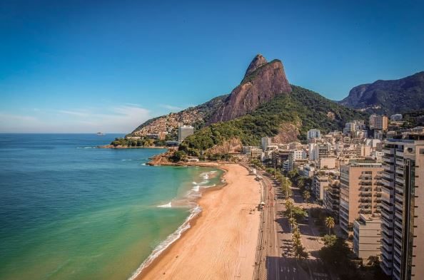 The calmer upscale sand of Leblon Beach in Rio de Janeiro