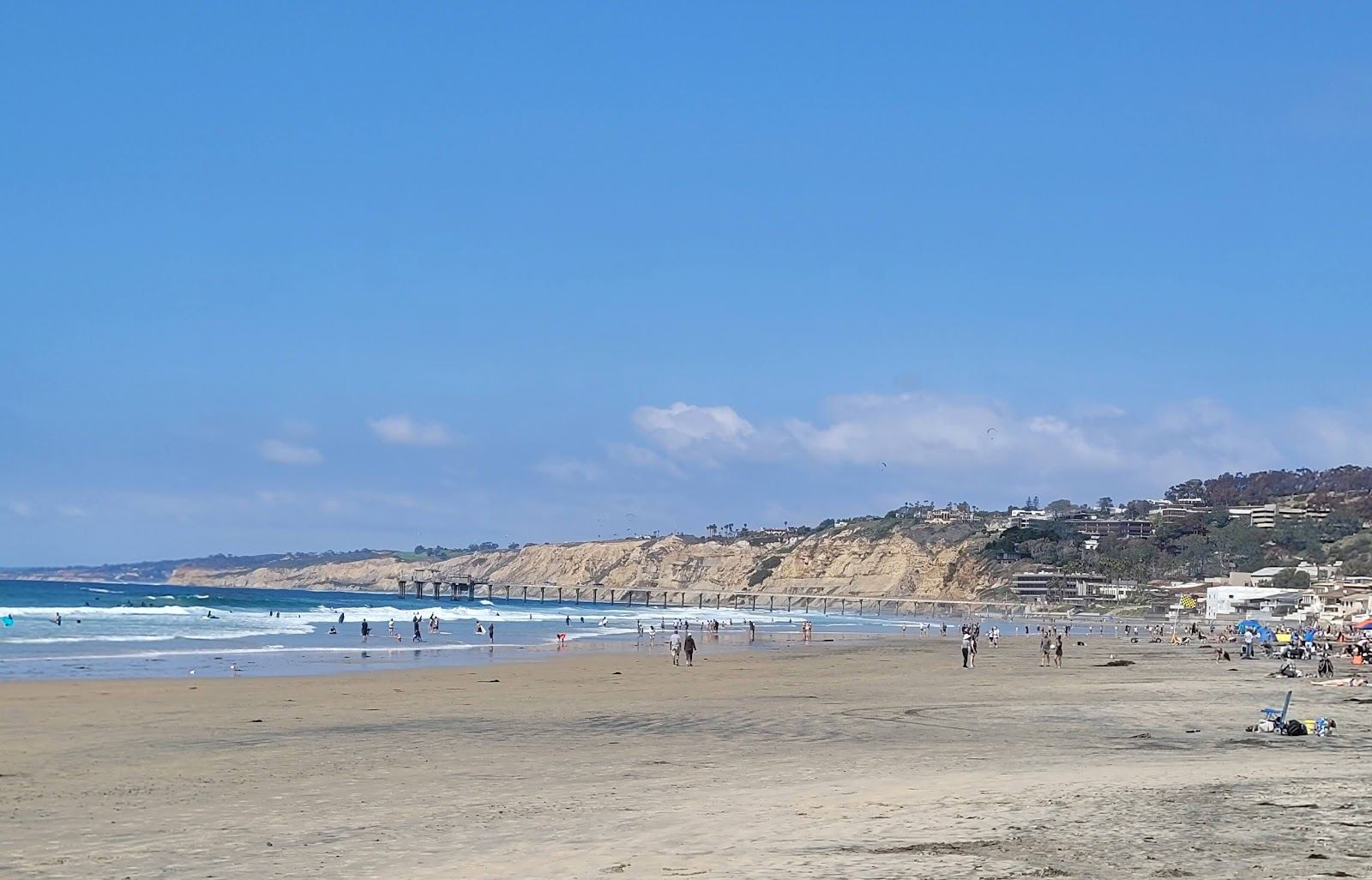 Wide pale sand and cool blue Pacific water at La Jolla Shores in San Diego under a clear sky