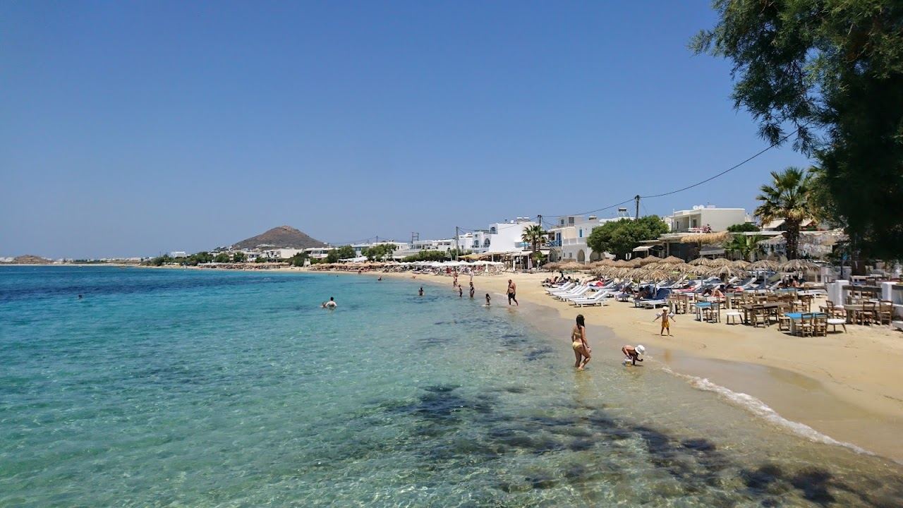Golden sand and calm turquoise water along Agia Anna beach on the southwest coast of Naxos