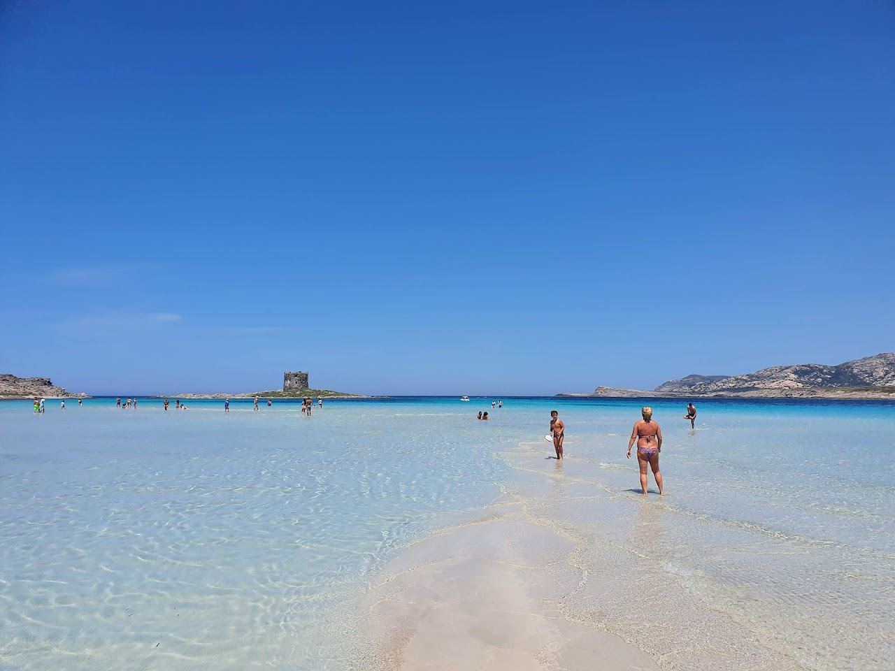 White sand and shallow turquoise water at La Pelosa beach near Stintino in Sardinia Italy