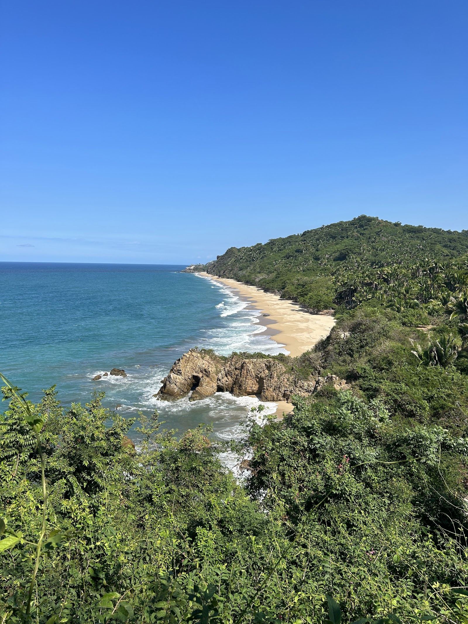 A wide, empty stretch of pale Pacific sand backed by jungle near Sayulita.