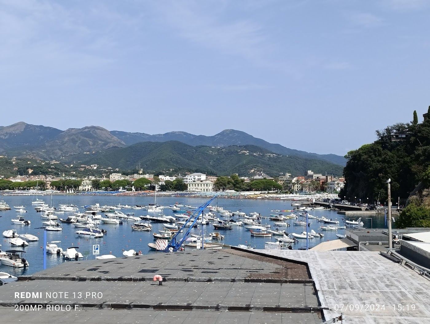 The long sandy Baia delle Favole at Sestri Levante on the Ligurian coast