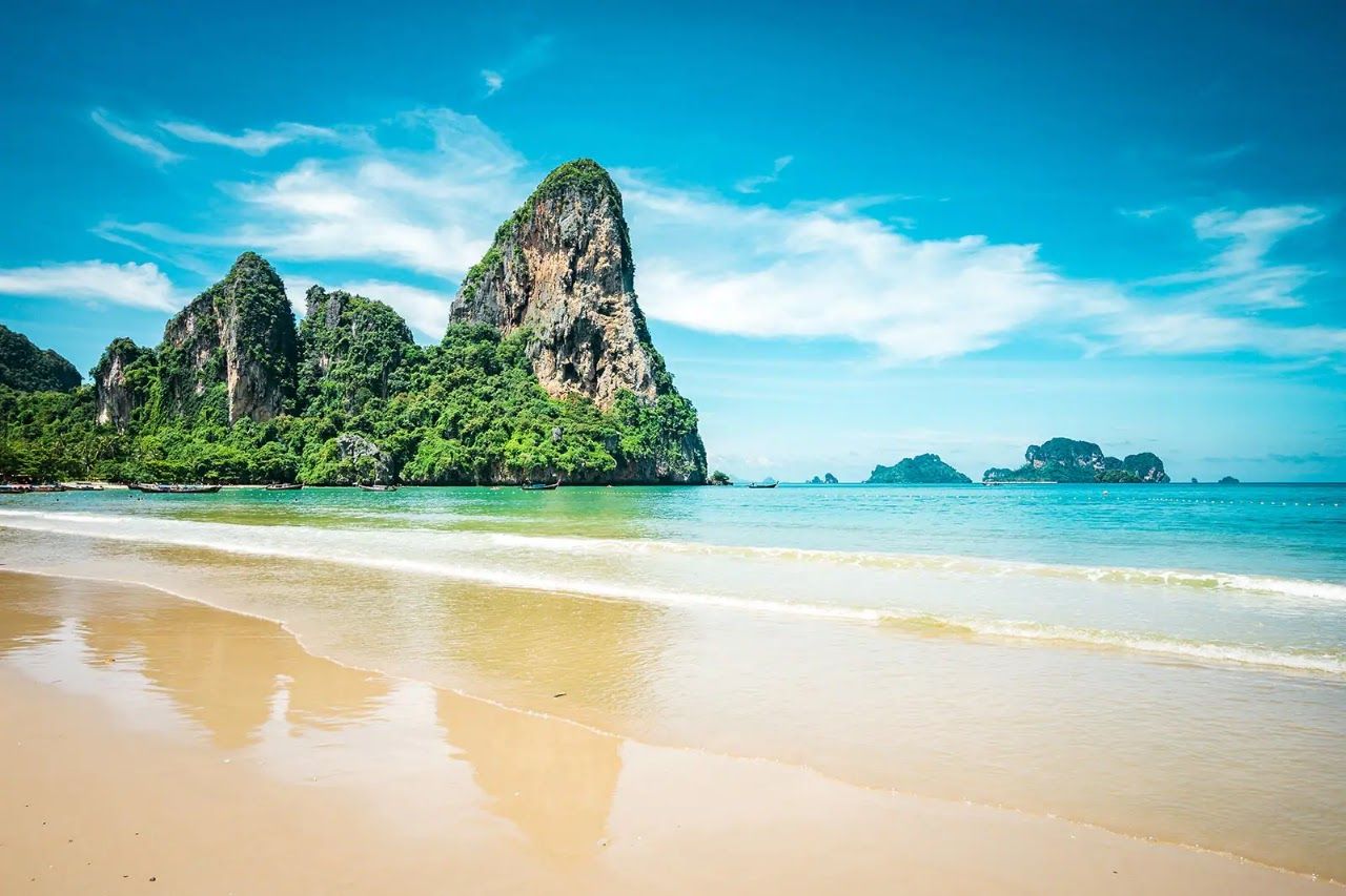 Limestone cliffs above the sand at Railay Beach, Krabi, Thailand
