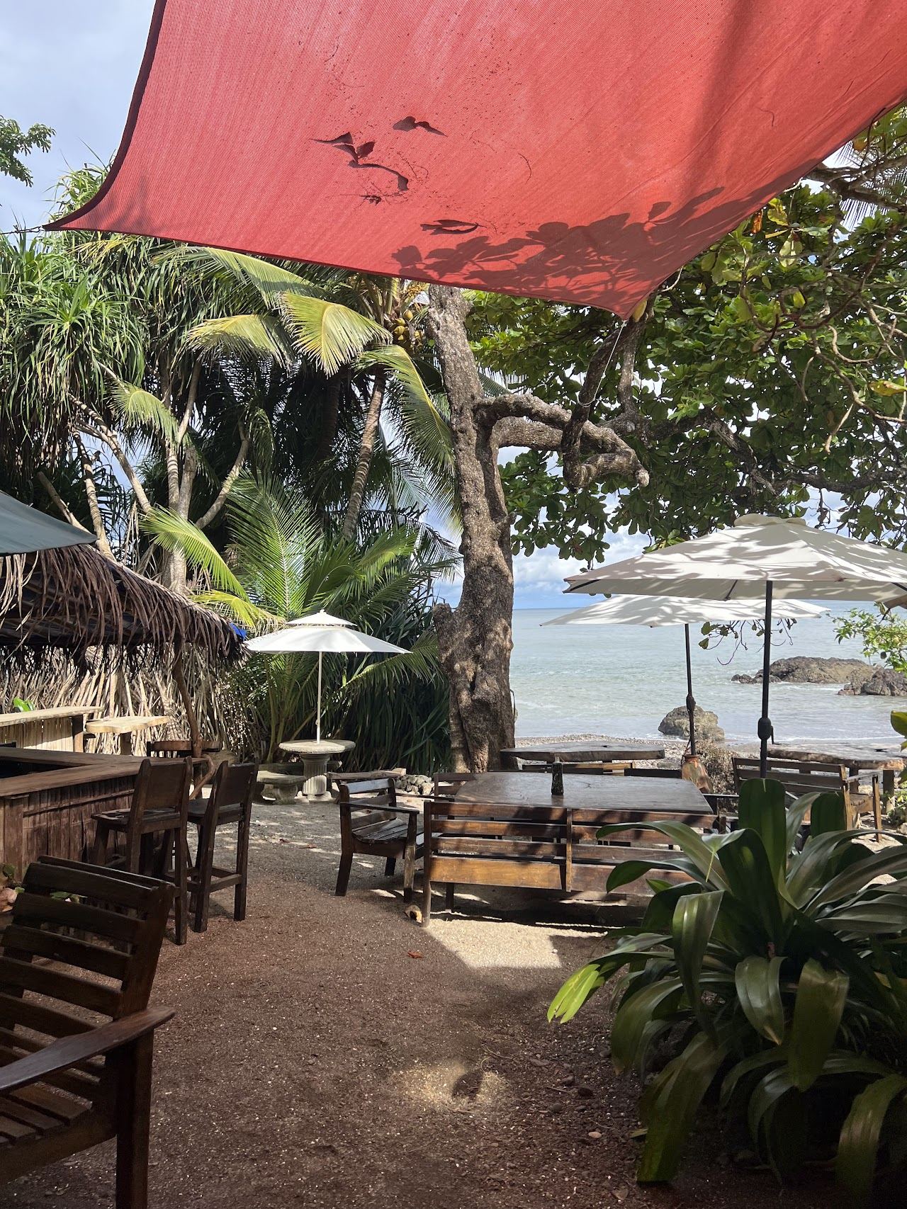 Beachfront tables under the trees at a Montezuma seafood restaurant in Costa Rica