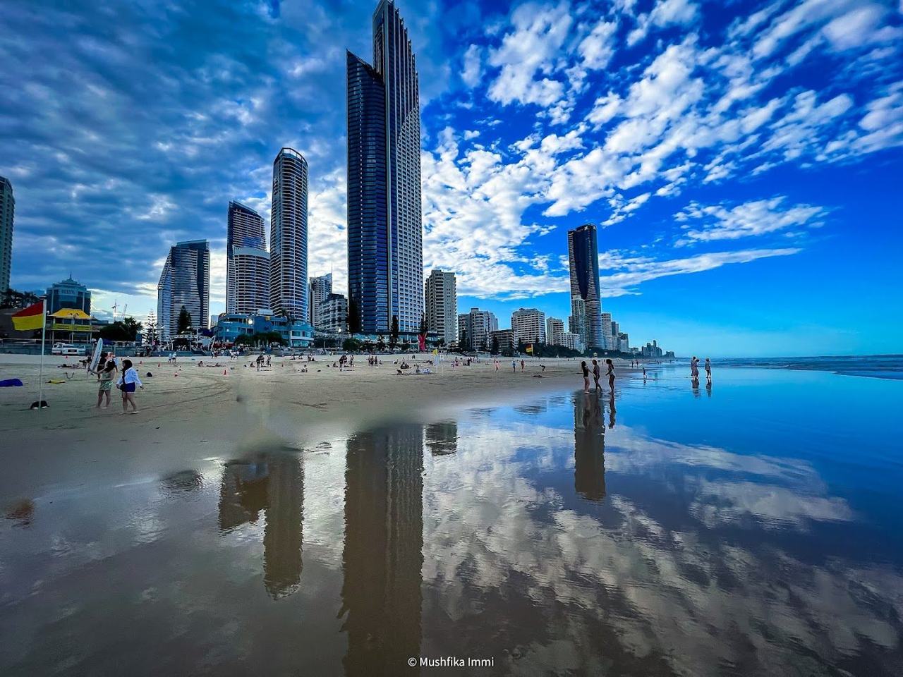 High rise skyline behind the wide sand of Surfers Paradise on the Gold Coast