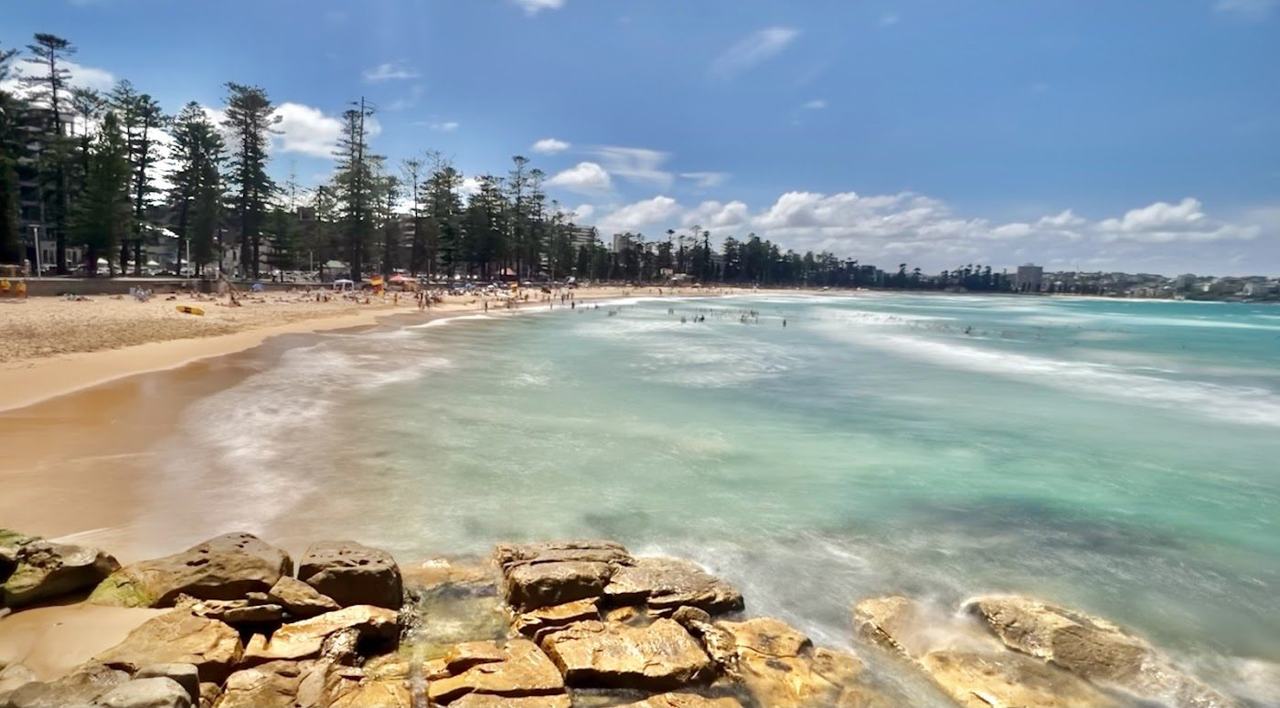 The long pine lined surf sand at Manly on Sydney's northern beaches