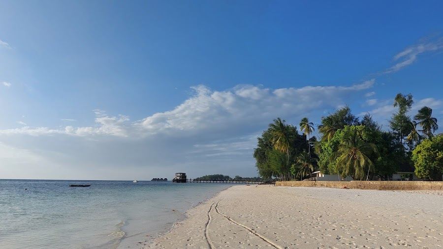 The long pale sweep of the Michamvi peninsula shoreline on the southeast coast of Zanzibar