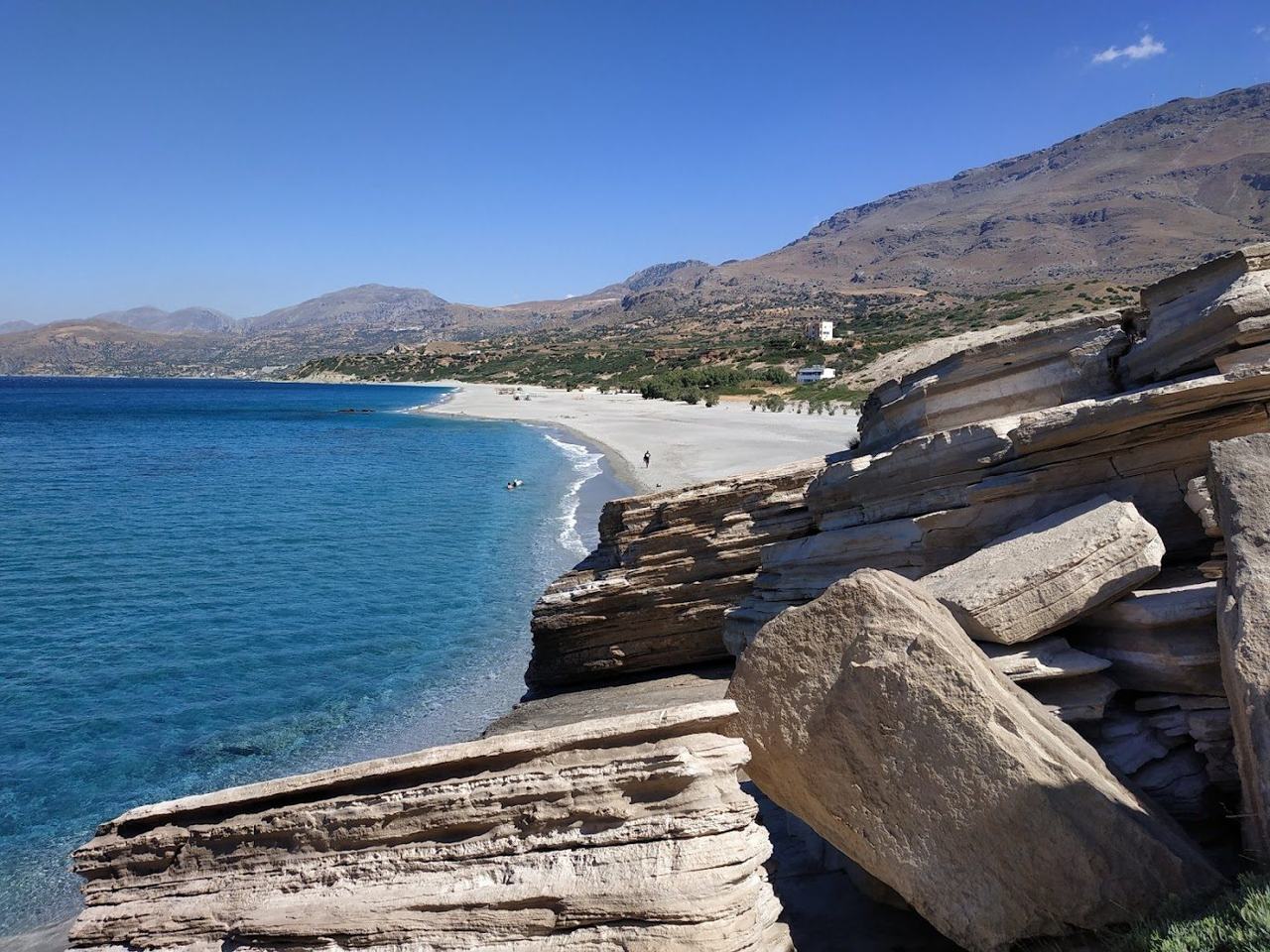 Wide golden sand and the three sea rocks at Triopetra on the south coast of Crete