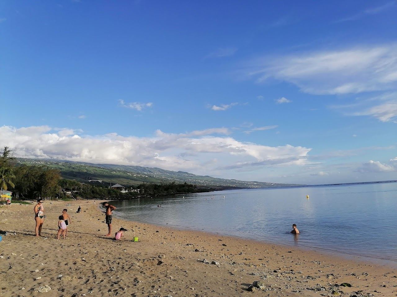 The shallow lagoon and filao pines at Trou d'Eau beach, La Saline les Bains, Reunion