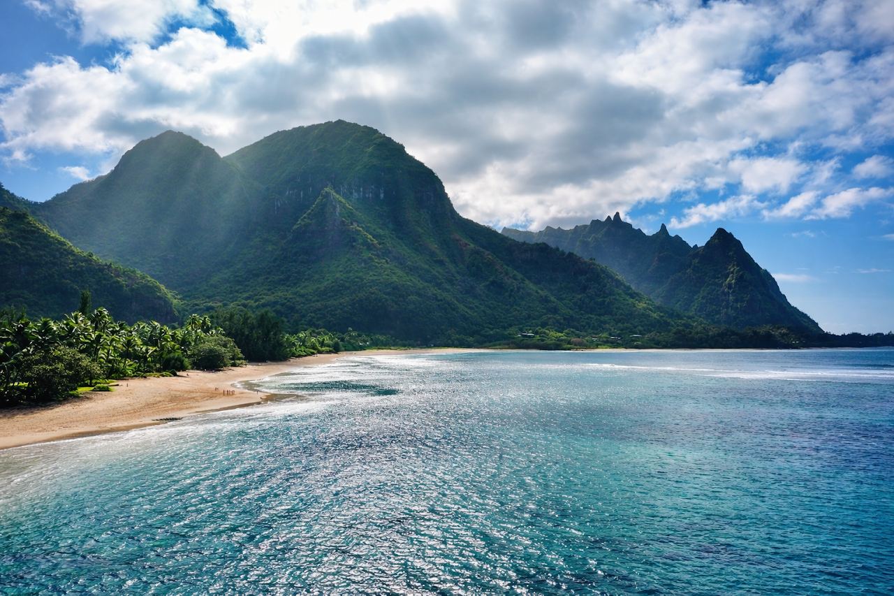 The palm fringed crescent of Tunnels Beach, Makua, on the north shore of Kauai with the reef offshore