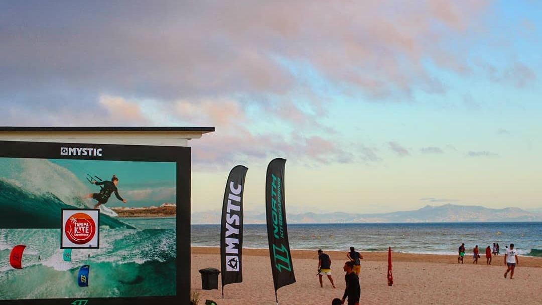 Kitesurfers on the wide shallow bay at Valdevaqueros beach near Tarifa on the Costa de la Luz
