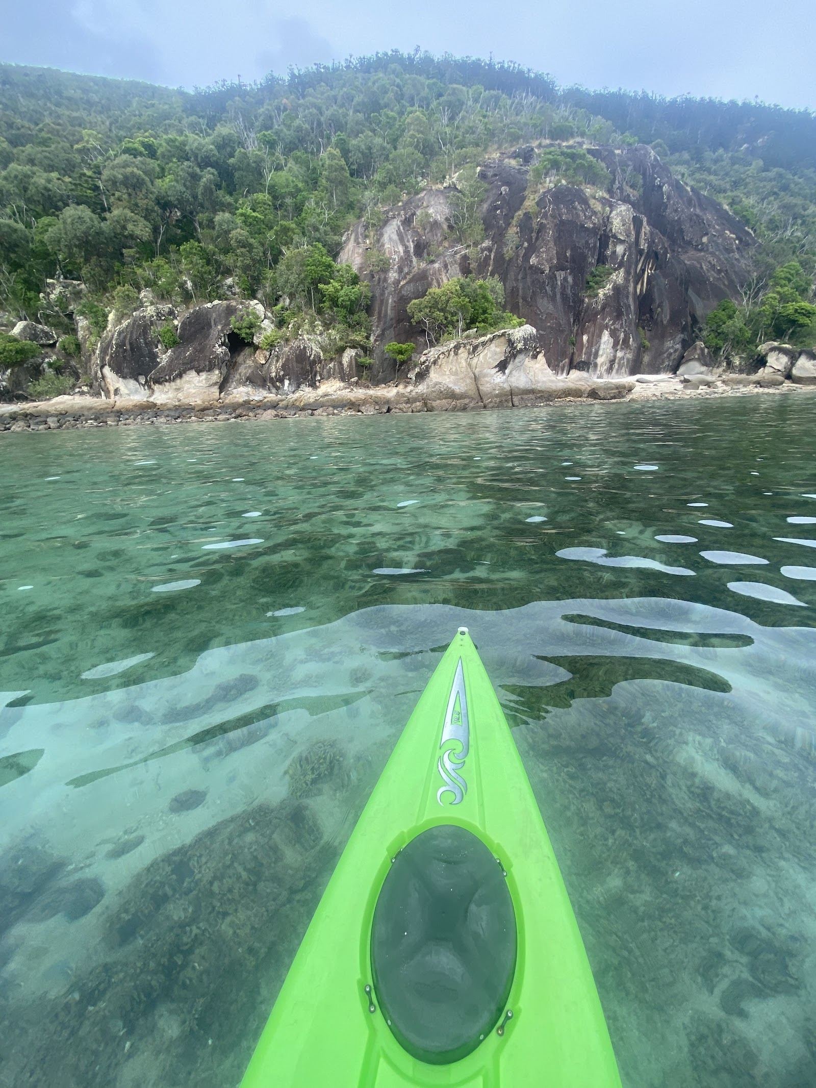 Fringing coral and clear water off a sheltered island beach in the Whitsundays