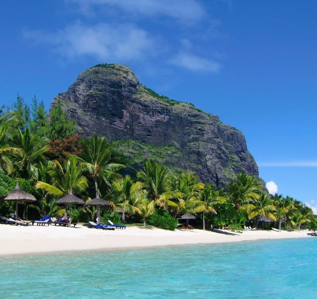 The lagoon and mountain backdrop at Le Morne in southwest Mauritius
