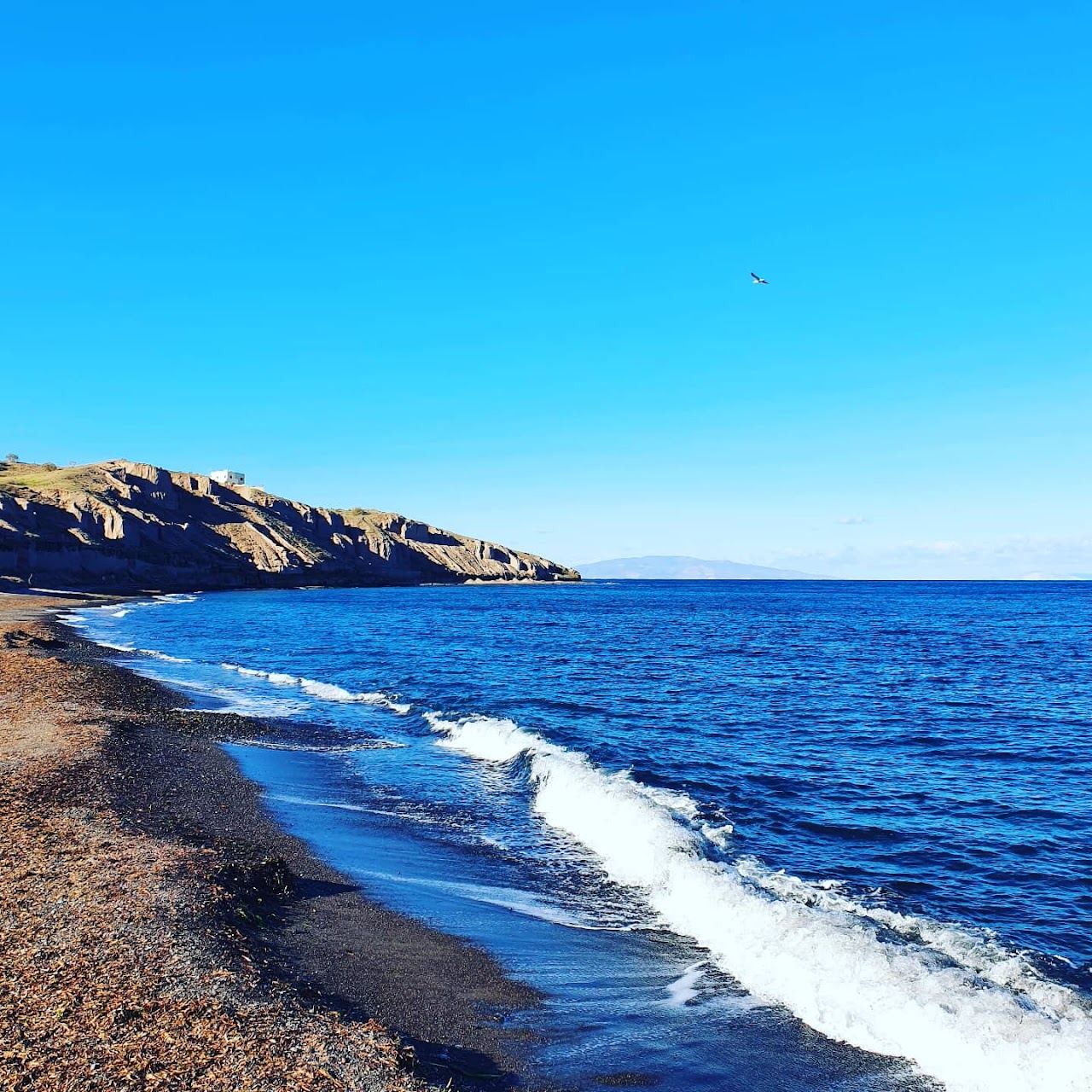 The calm sheltered water and dark volcanic sand of the Exo Gialos cove below Fira in Santorini